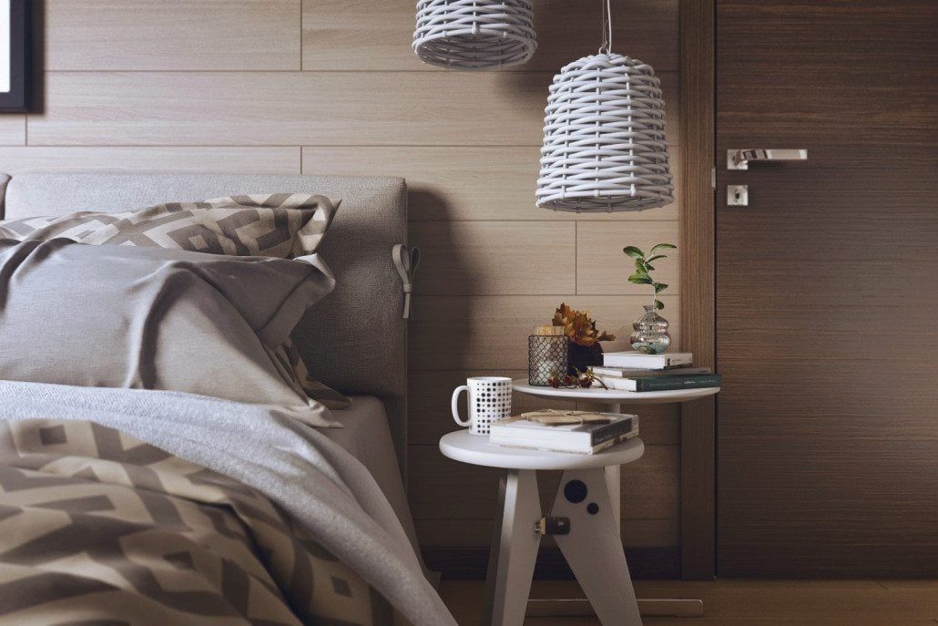 High-quality 3D interior rendering showcasing a bedroom with realistic furniture and decor, featuring 3D furniture modeling and visualization.