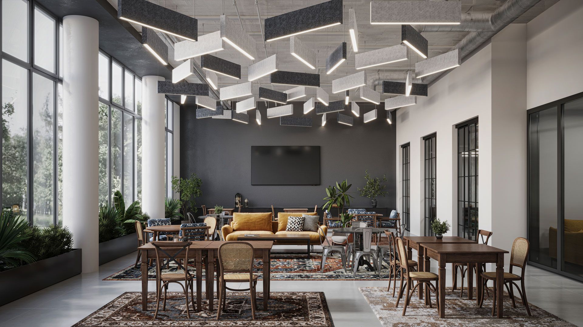 A café lounge with suspended acoustic fixtures shown in an architectural lighting render