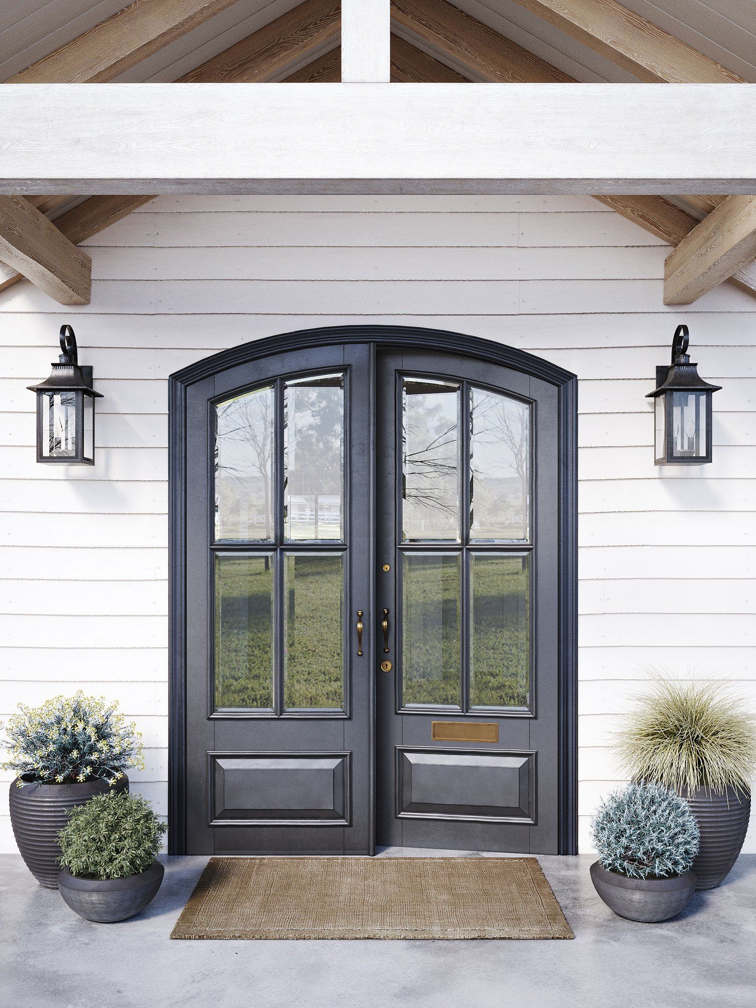 Photorealistic 3D rendering of a stylish exterior door with plants,
