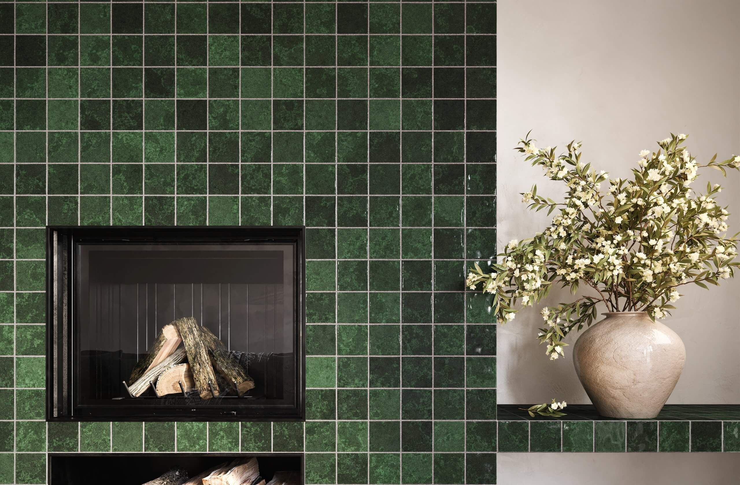 3D rendering of a fireplace with green tiles and a vase, showcasing 3D interior visualization and realistic furniture rendering.