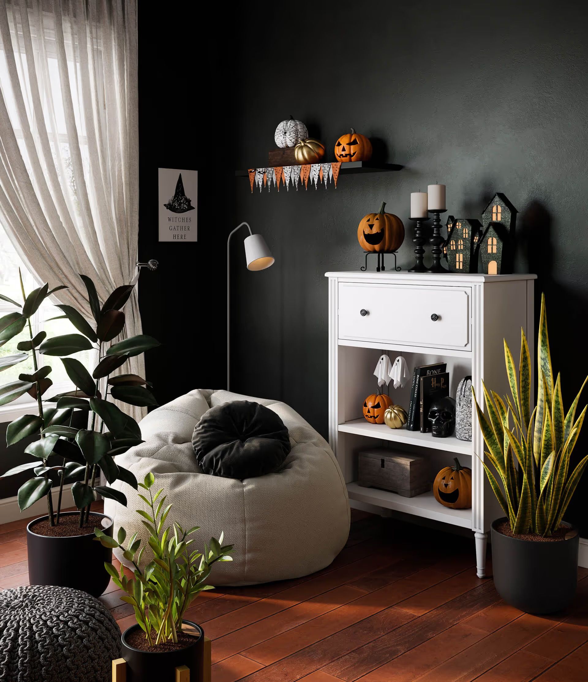3D modeling example for holiday campaigns showing a close-up fireplace scene with plants