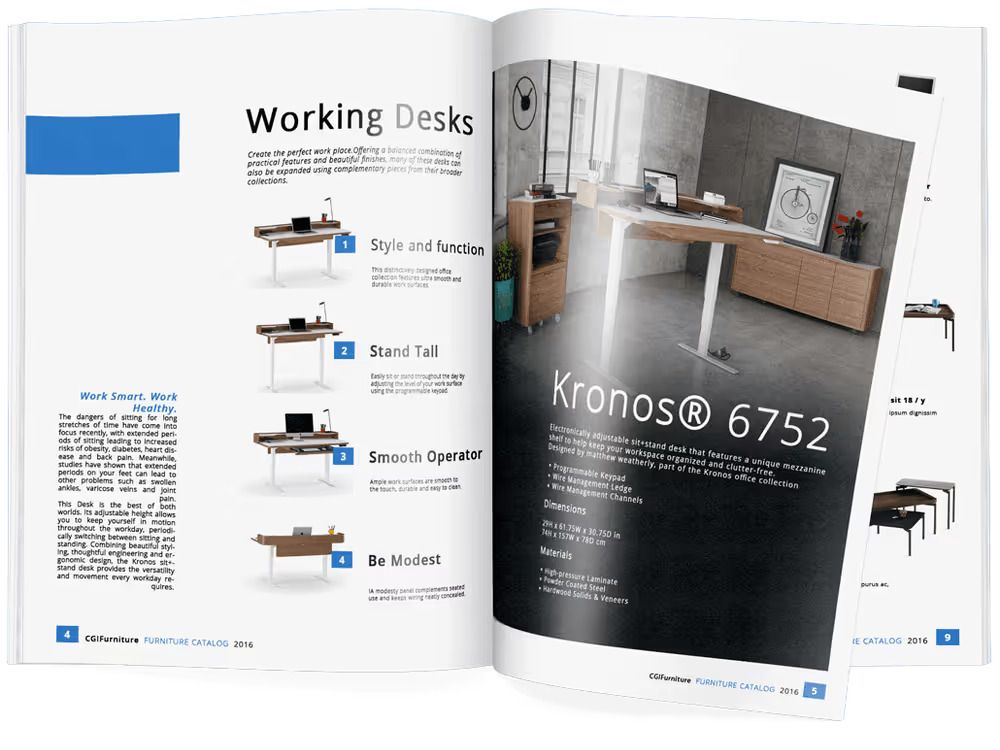 Furniture catalog layout featuring 3D renderings