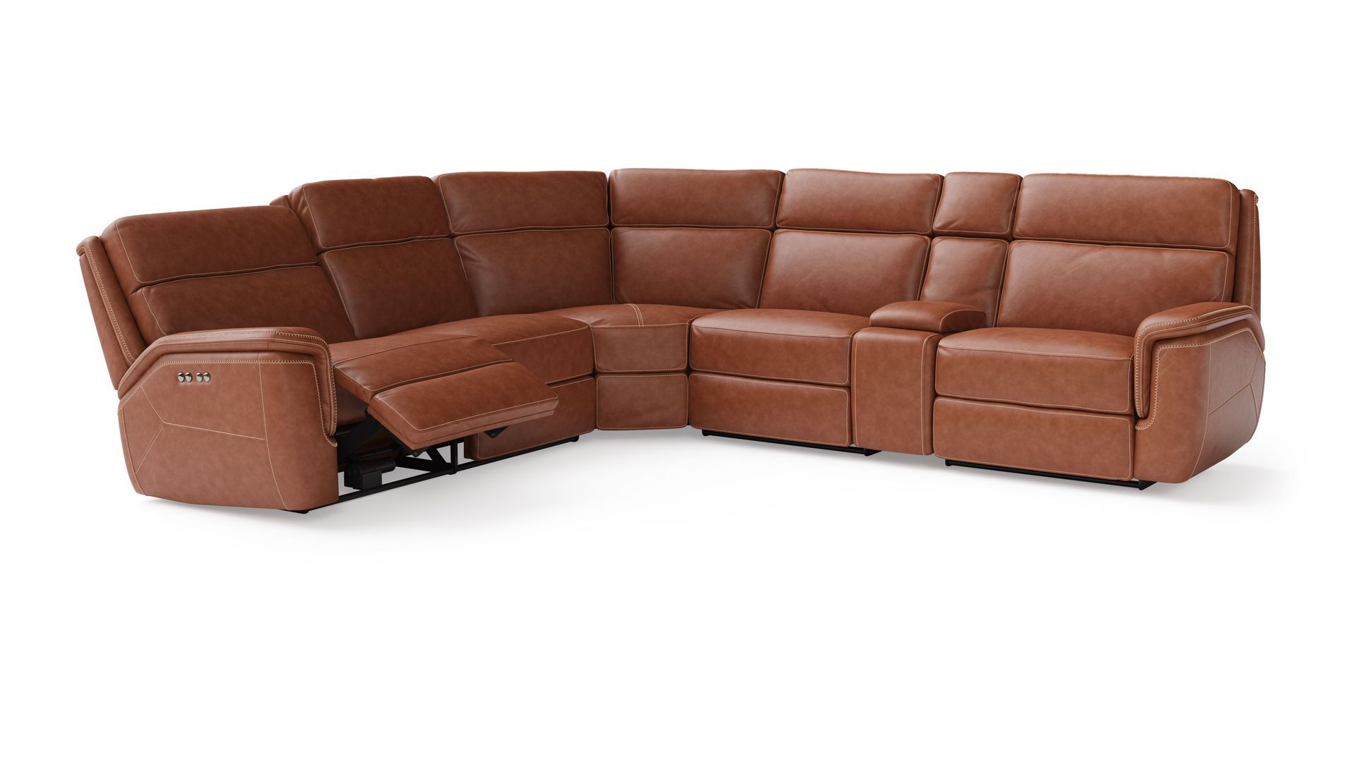 3D modeling of a brown leather sectional sofa with a chaise lounge on a white background