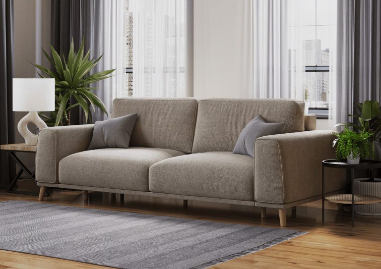 Beige fabric sofa product visualization in a modern living room, available in customization with different fabrics and legs.