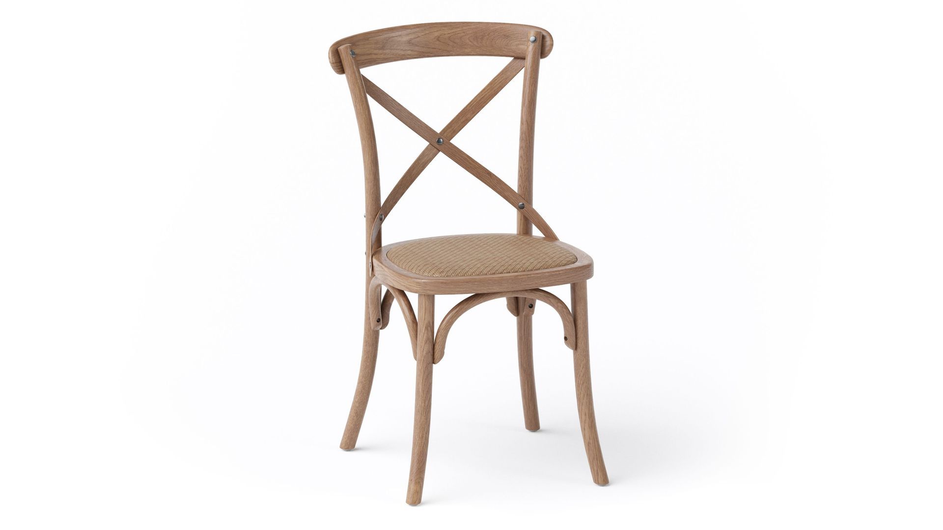 Product rendering of a natural wood chair on a white background with realistic materials and soft shadows.