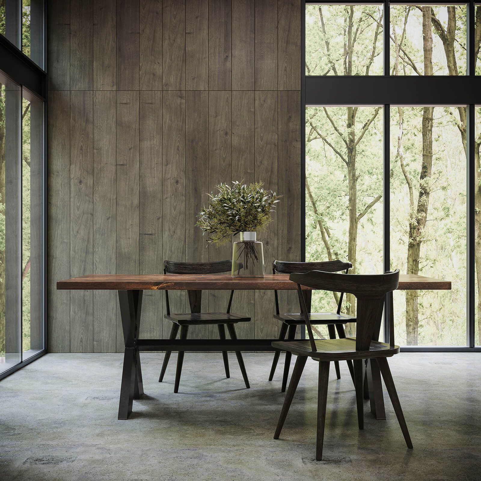 High-quality 3D furniture modeling and rendering showcasing a modern dining table and chairs in a natural light setting, emphasizing photorealistic visualization and interior design.