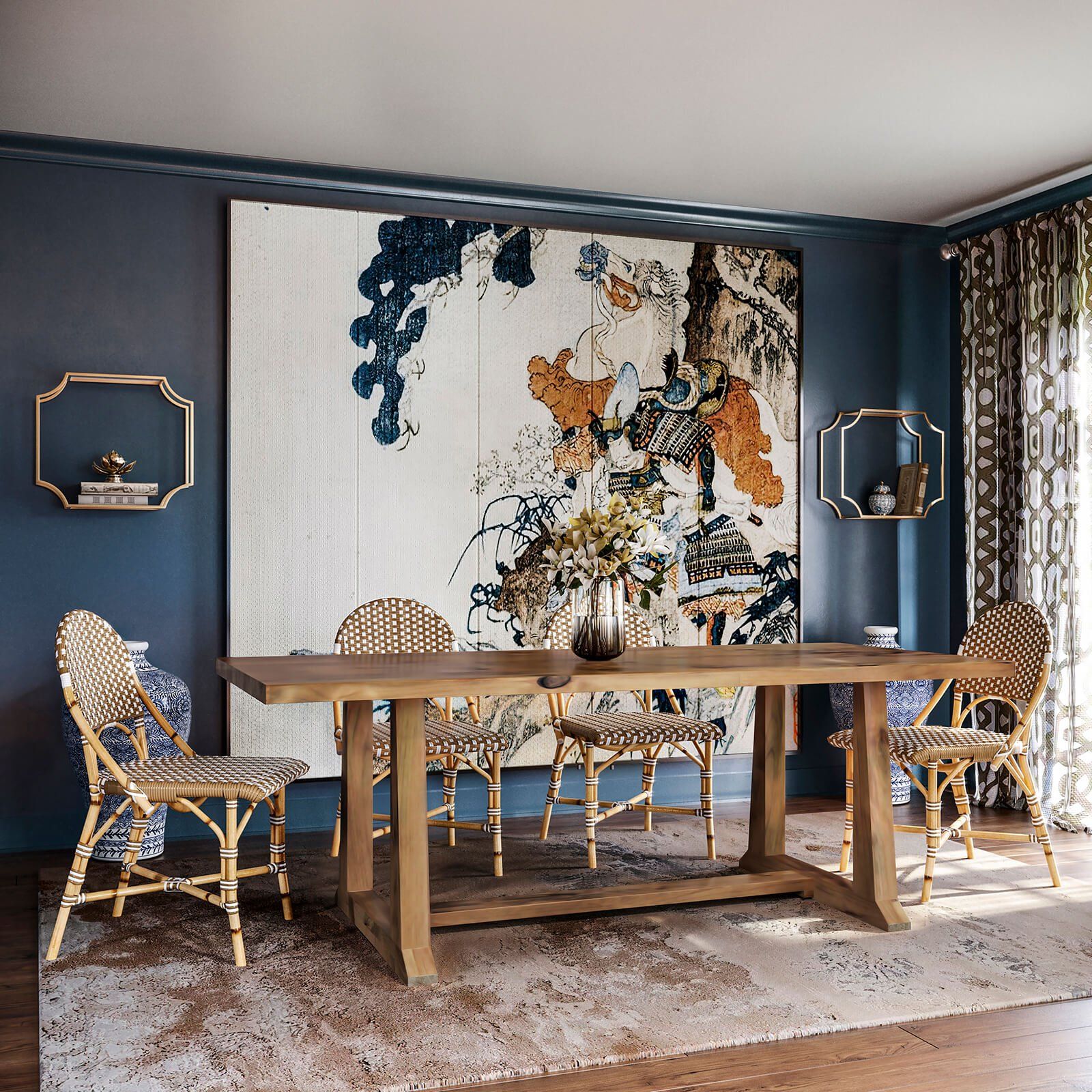 3D interior rendering showcasing a dining room with bespoke 3D furniture modeling and realistic furniture rendering.