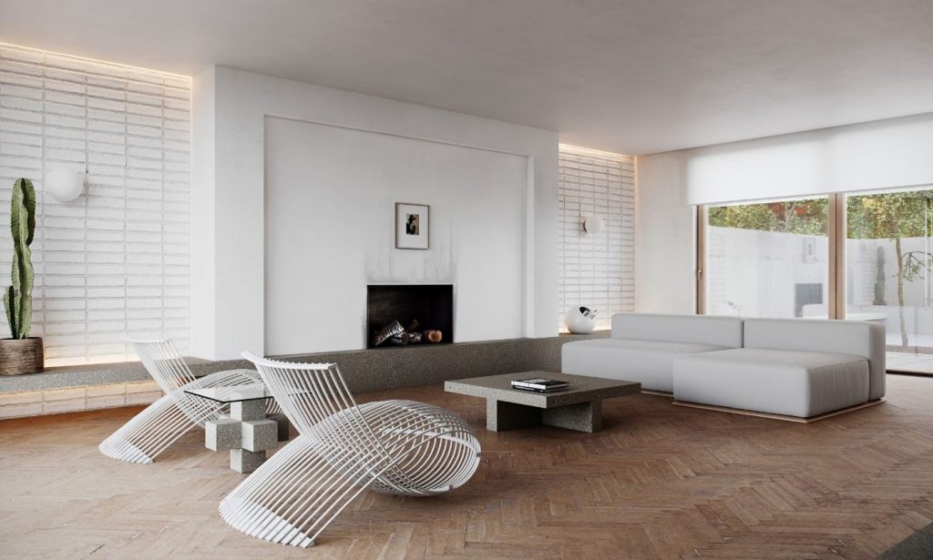 Living room furniture rendered in a minimal scene