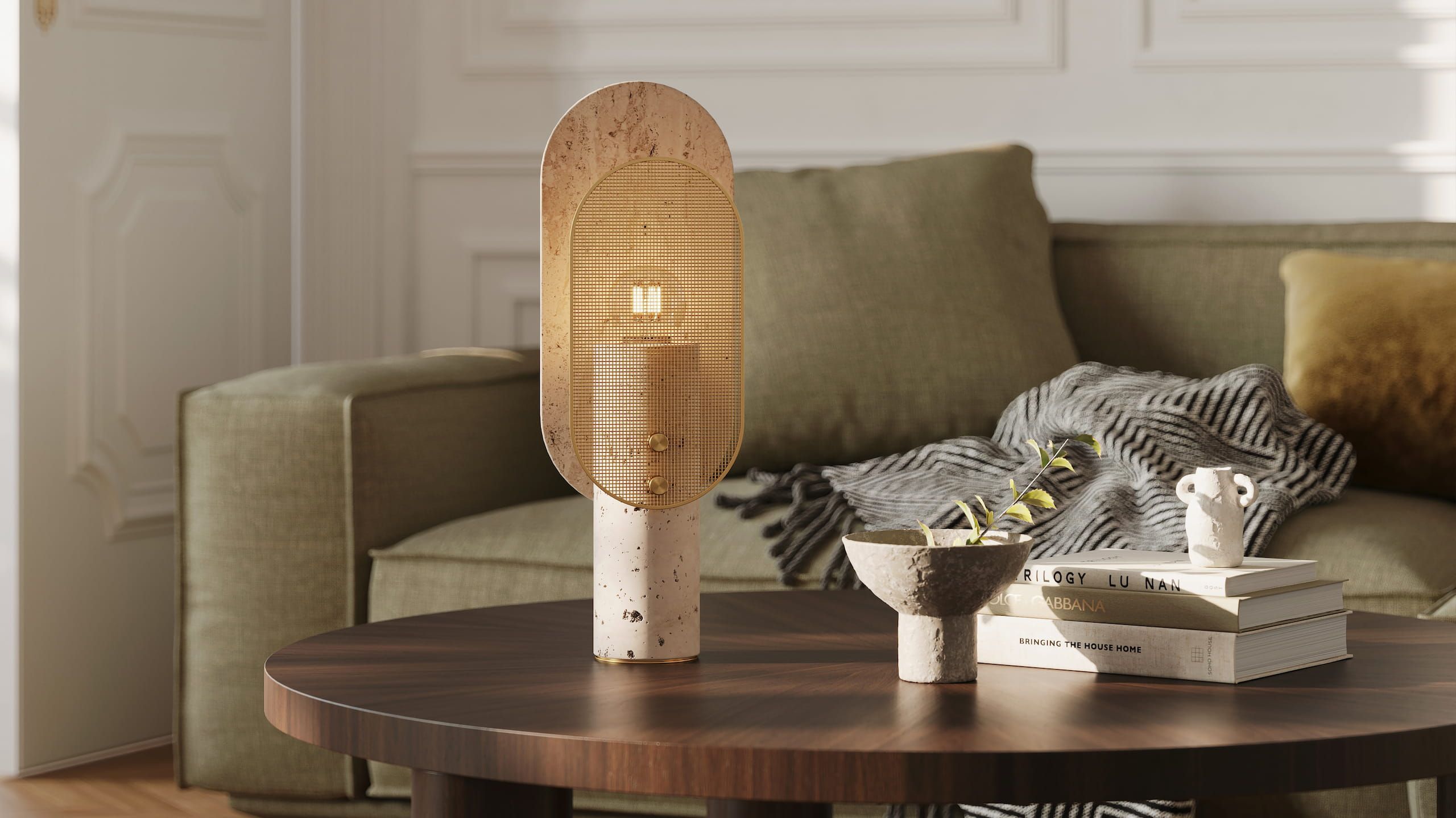 3D product rendering of a decorative table lamp displayed in a styled living room setting