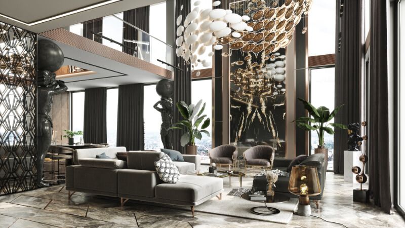 3D Render of a Luxury Mansion with High-End Furniture and Art Pieces