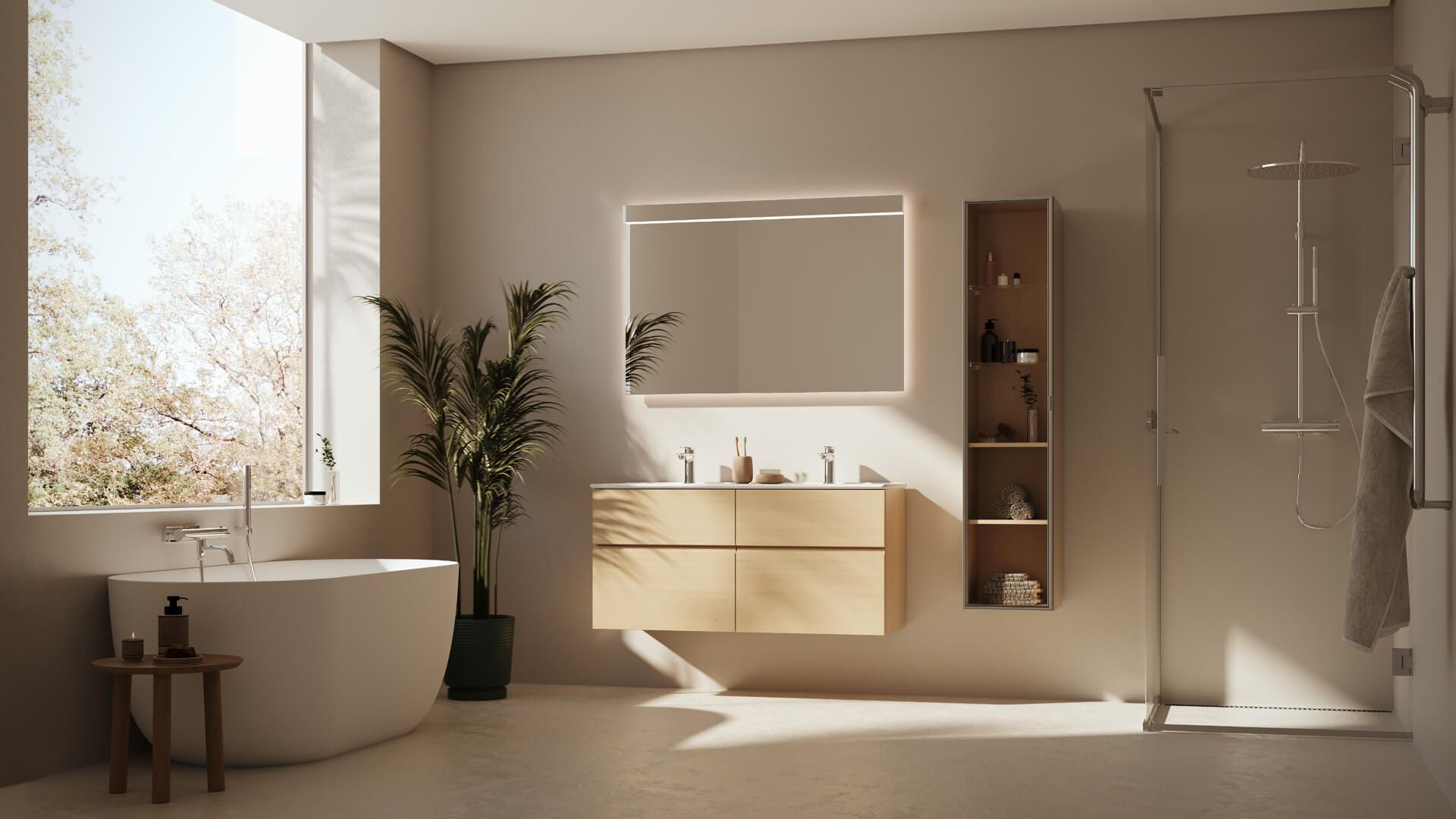 3D Rendering for a Modern Bathroom with Natural Light and Indoor Plants