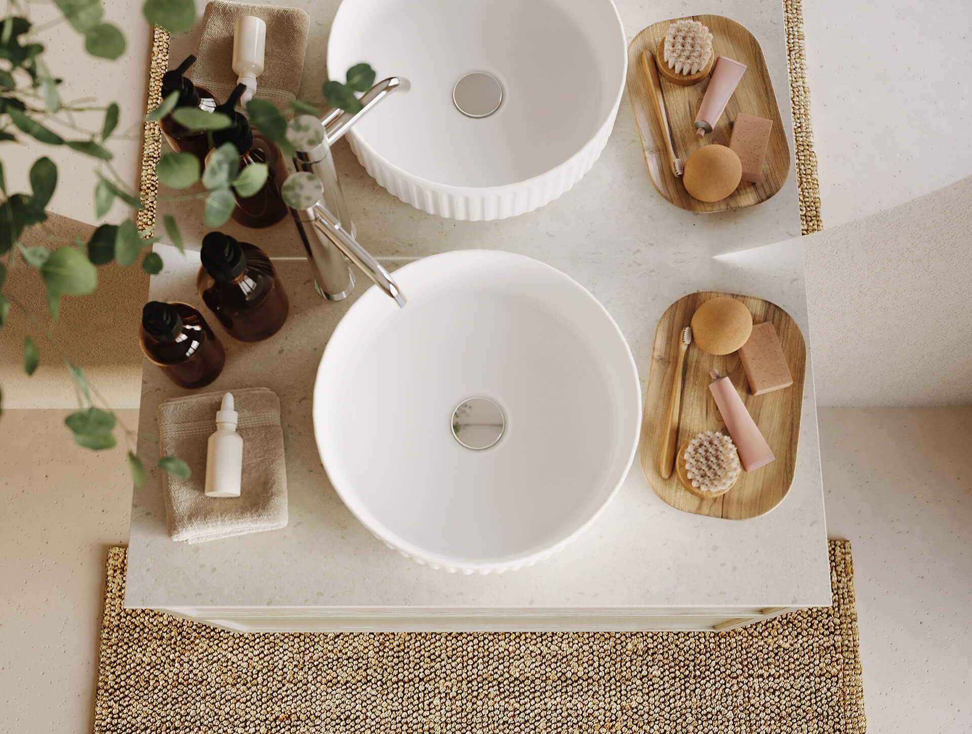 3D Rendering for Bathroom Countertop with Twin Sinks and Accessories