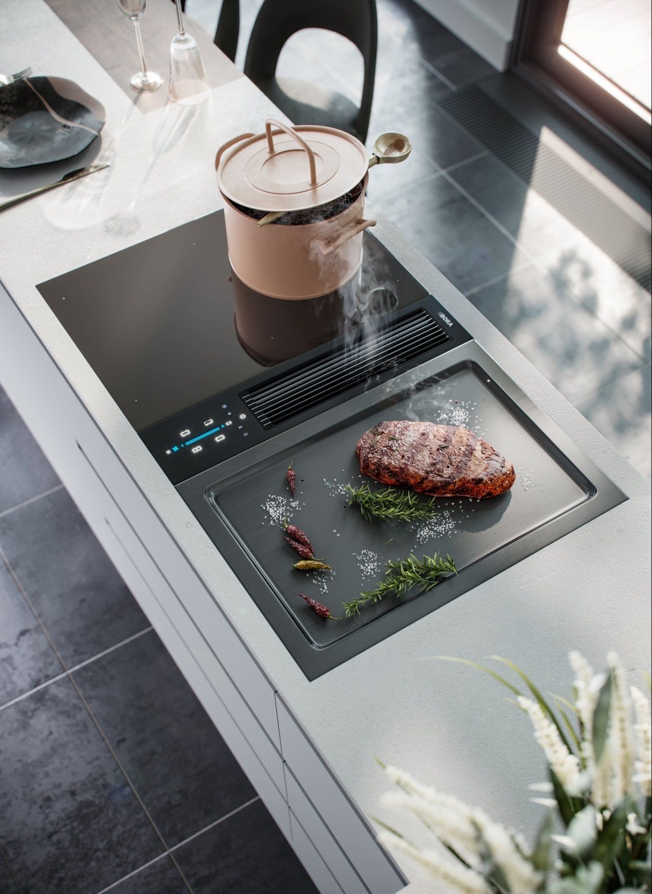 3D kitchen interior visualization featuring a modern cooktop with realistic food and cookware