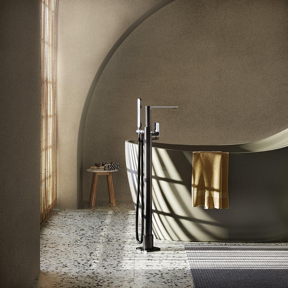 3D interior visualization of a bathroom featuring a modern bathtub and fixtures, showcasing photorealistic rendering and top-notch 3D modeling.