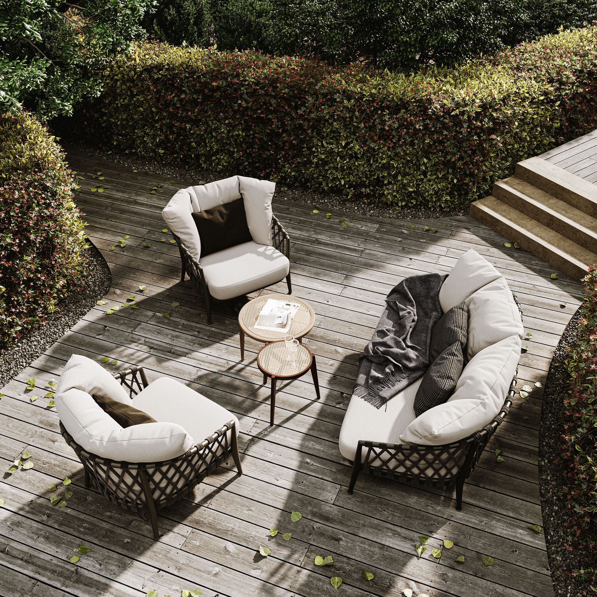 3D Rendering of Outdoor Furniture on a Deck with Cushions and Side Tables