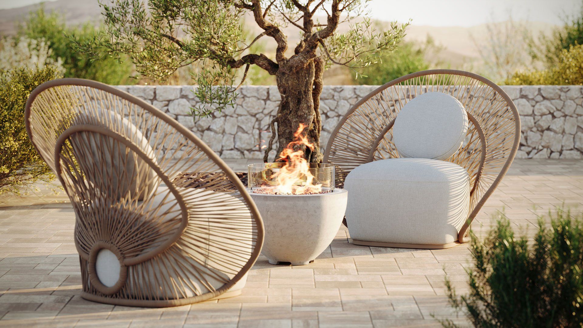 3D Rendering of Outdoor Chairs with Fire Pit and Tree