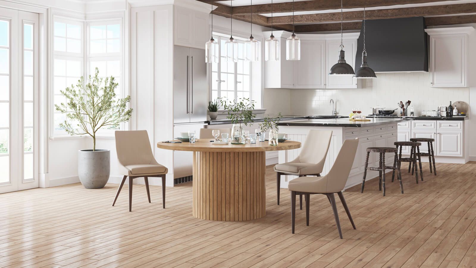 High-quality 3D interior rendering showcasing a modern kitchen with bespoke 3D furniture modeling and realistic furniture rendering.