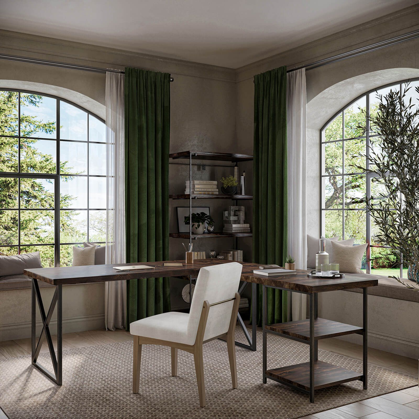 3D rendering of a modern office interior featuring bespoke furniture, showcasing high-quality 3D visualization and realistic furniture rendering.