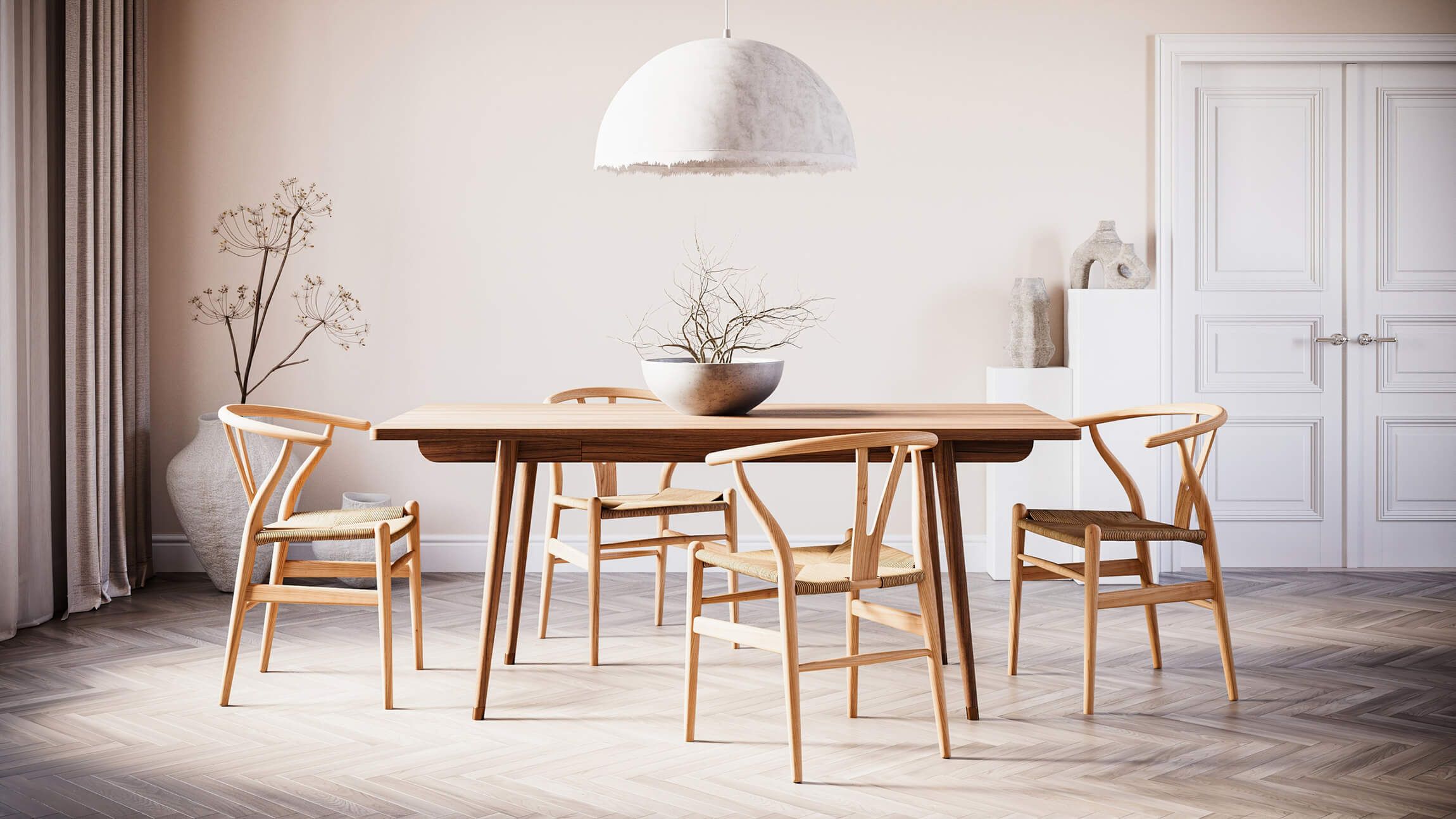 Photorealistic 3D rendering of a modern dining room with wooden furniture, showcasing 3D furniture modeling and visualization.