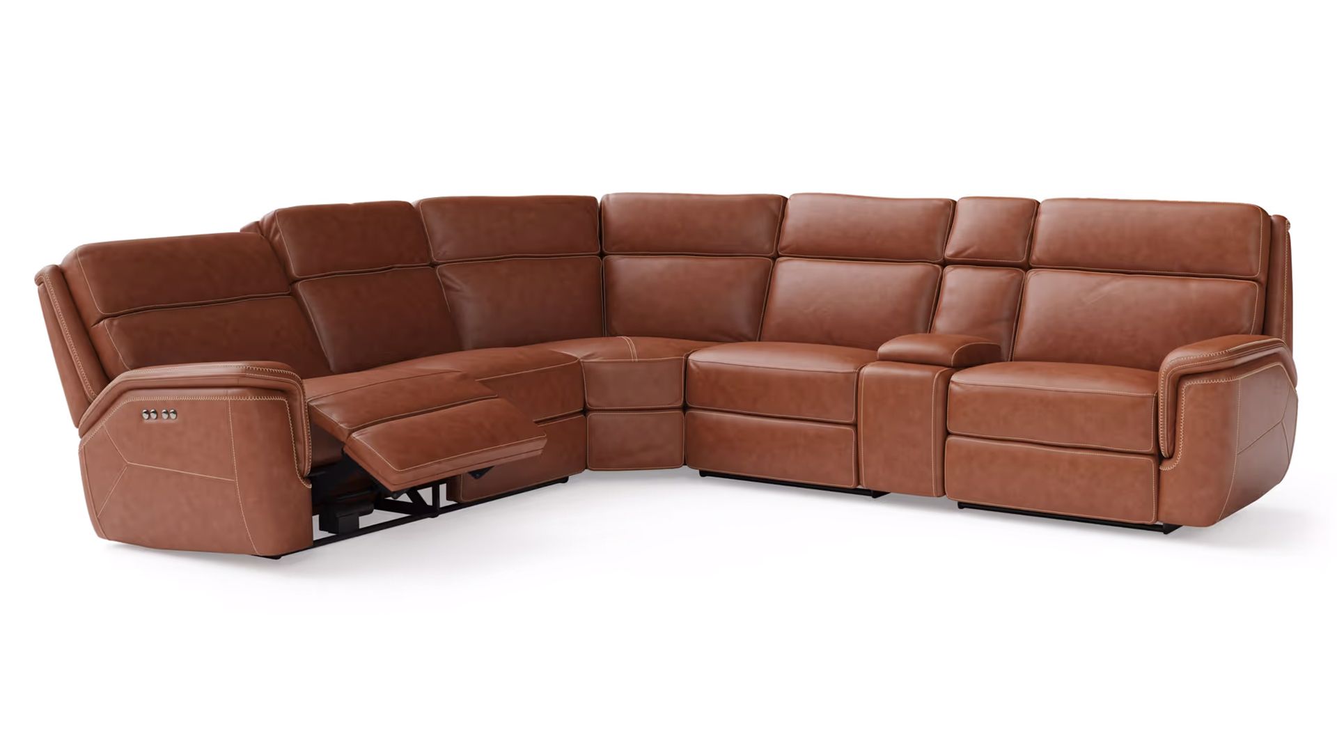 Corner leather sofa rendering on white background highlighting modular seating and cushion structure