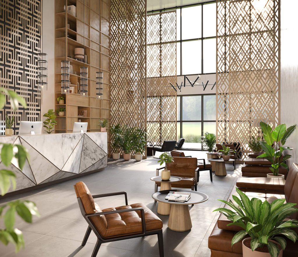 3D Interior Visualization of Modern Lobby with Custom Furniture
