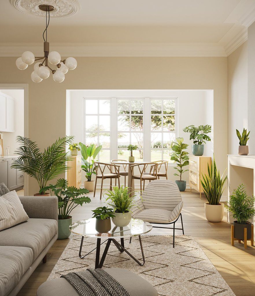 3D Interior Visualization of Modern Living Room with Furniture Rendering