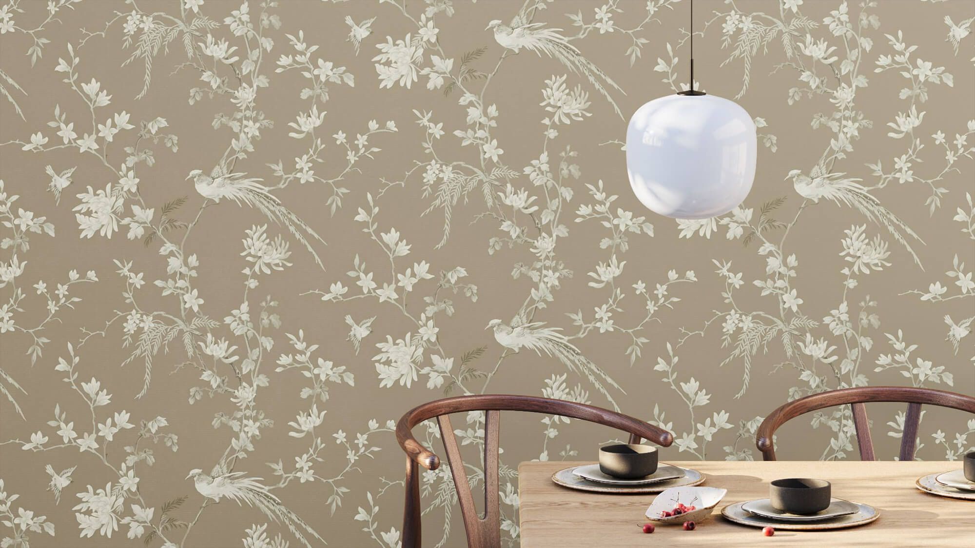 3D lifestyle visualization showcasing a dining room with realistic furniture rendering and detailed wallpaper design