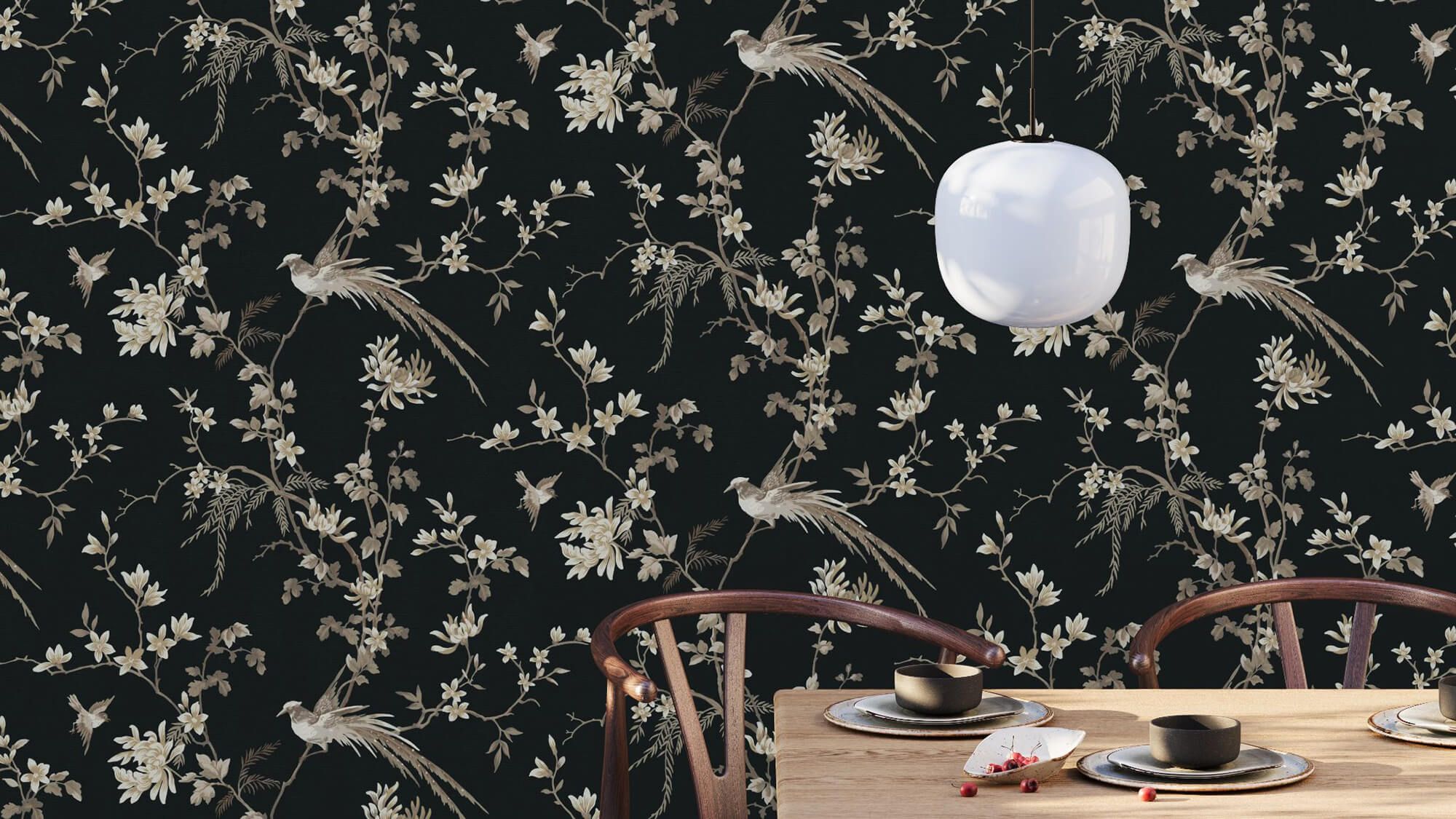 3D furniture modeling and rendering showcasing a dining setup with floral wallpaper, highlighting 3D interior visualization and realistic furniture rendering.