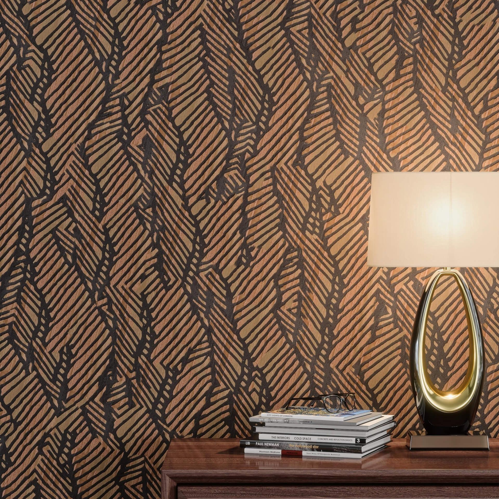 3D interior rendering showcasing a modern lamp on a wooden table against a textured wall, highlighting 3D furniture modeling and photorealistic visualization.