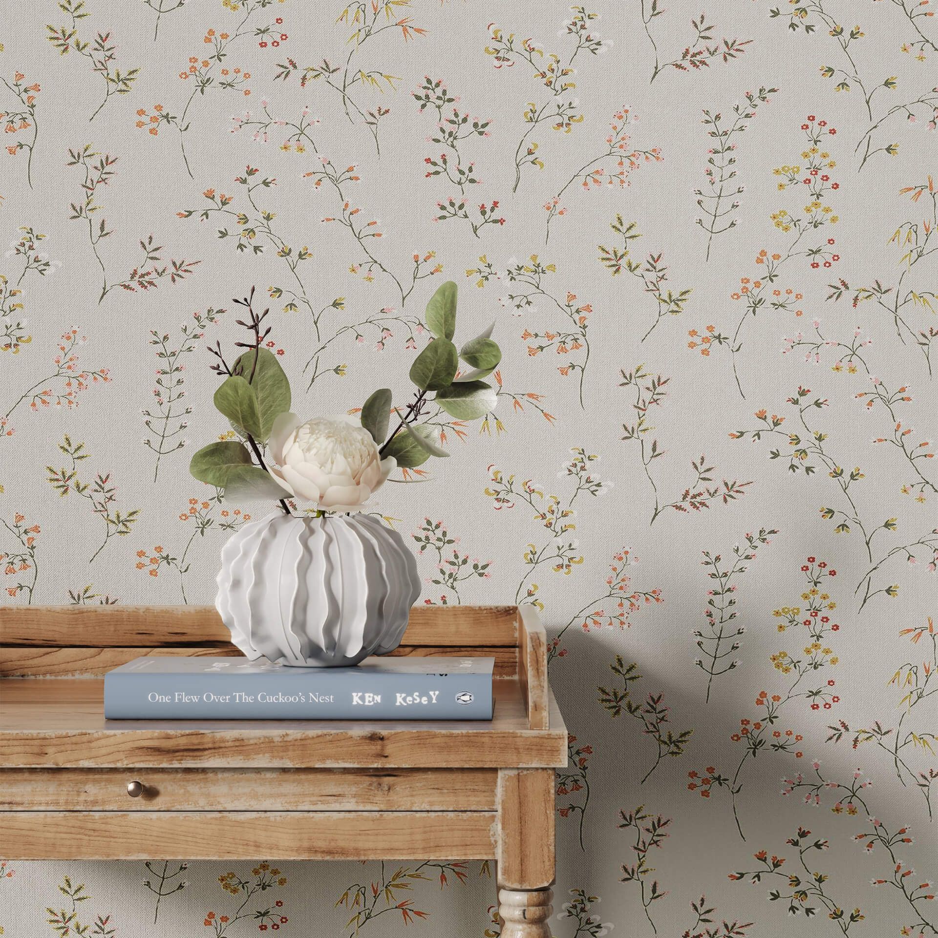 3D rendered furniture with floral wallpaper, showcasing 3D furniture modeling and visualization