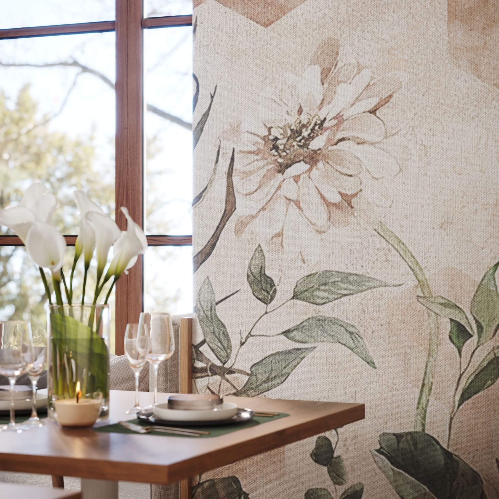 3D lifestyle visualization showcasing a dining area with photorealistic furniture rendering and floral decor