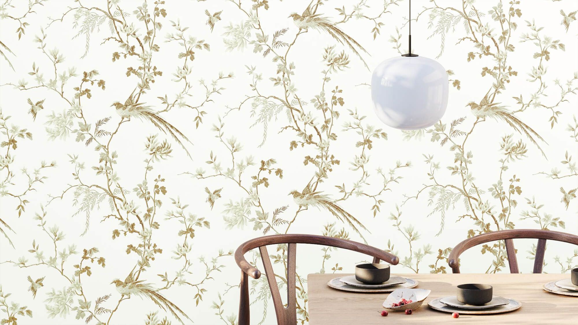 3D lifestyle visualization showcasing a dining area with realistic furniture rendering and intricate wallpaper design