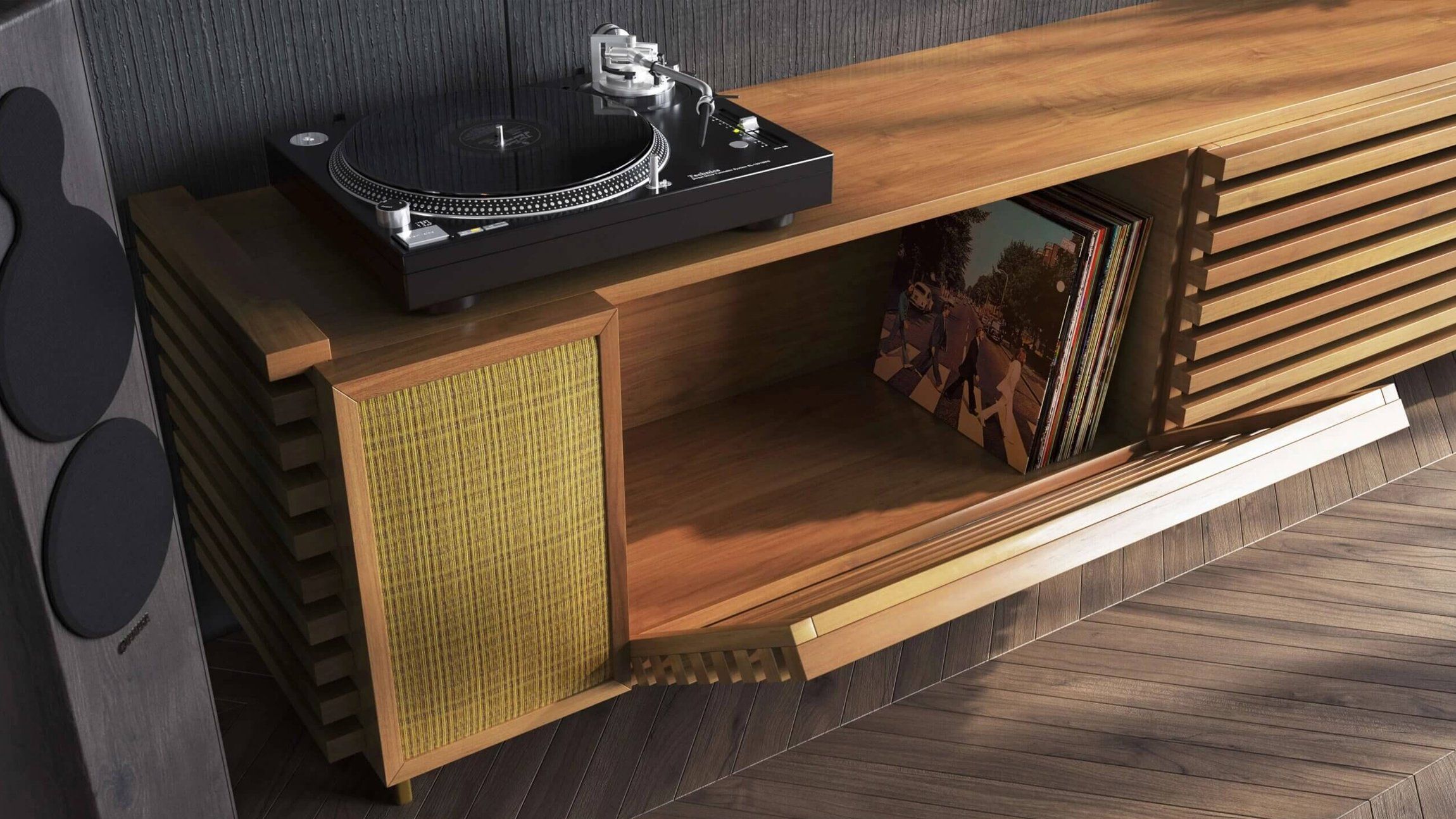 3D furniture modeling and rendering showcasing a modern wooden cabinet with a turntable, highlighting 3D interior visualization and photorealistic CGI.