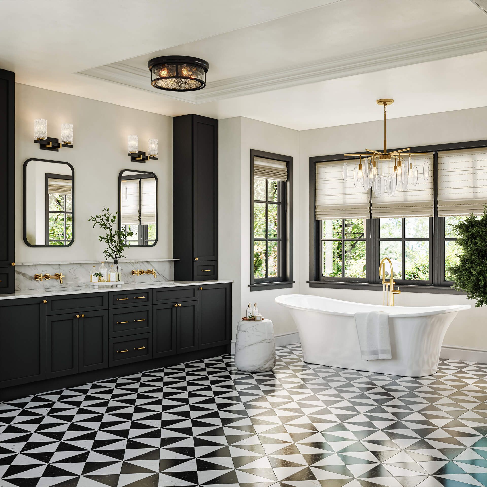 3D Visualization of a Chandelier in a Bathroom with Black Cabinets and Geometric Tile Floor