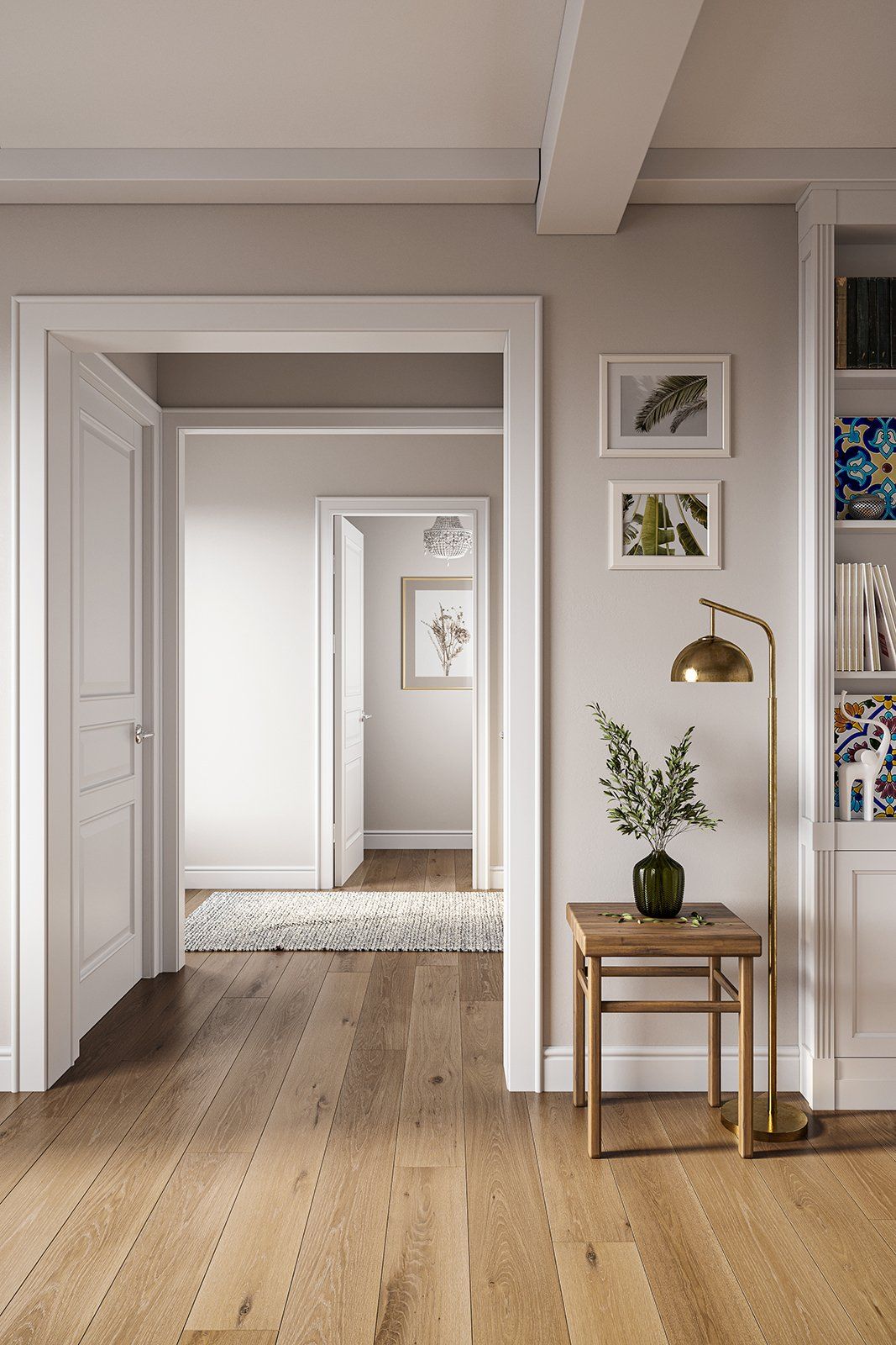 3D rendering of a modern hallway showcasing realistic flooring
