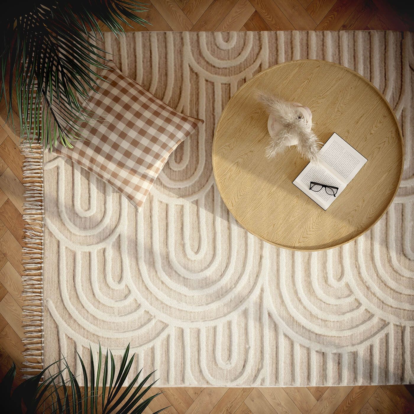3D visualization featuring a round table, patterned rug, and cushion in a modern living space