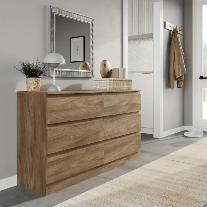 3D visualization of a natural wood chest of drawers in a hallway with mirror, lamp, and decor item