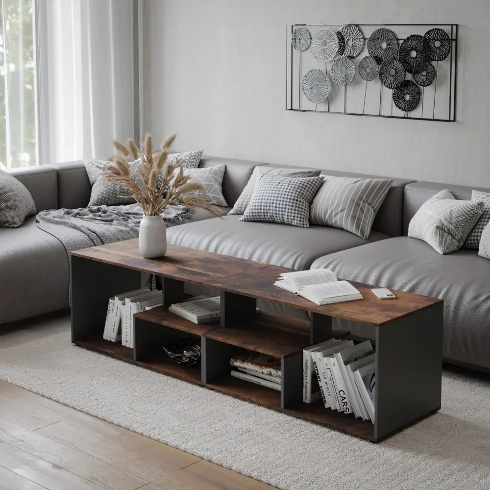 3D visualization of a coffee table with open storage, books, and vase in a cozy living room