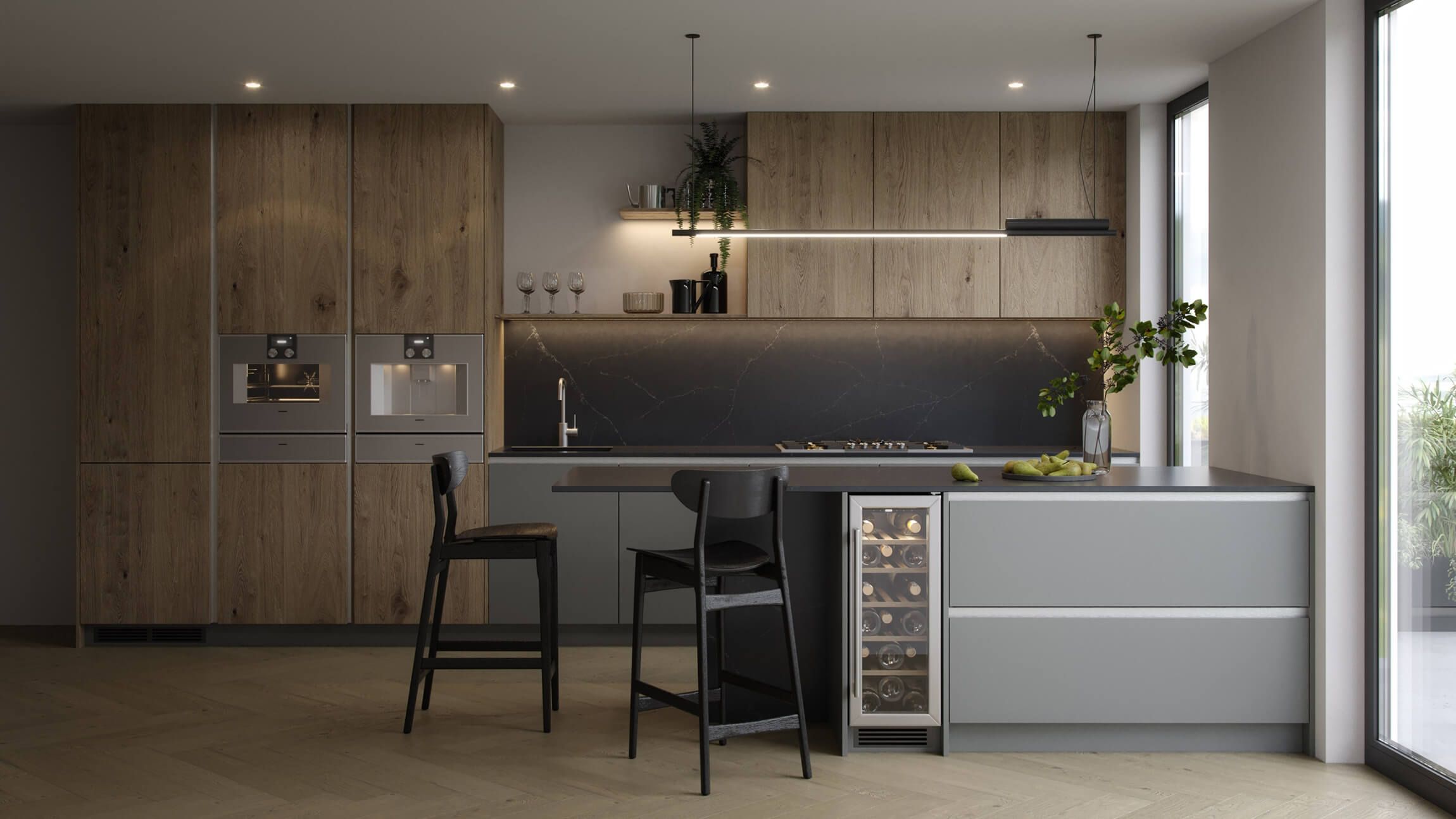High-quality 3D rendering of a modern kitchen showcasing realistic furniture and interior design, featuring 3D furniture modeling and visualization.