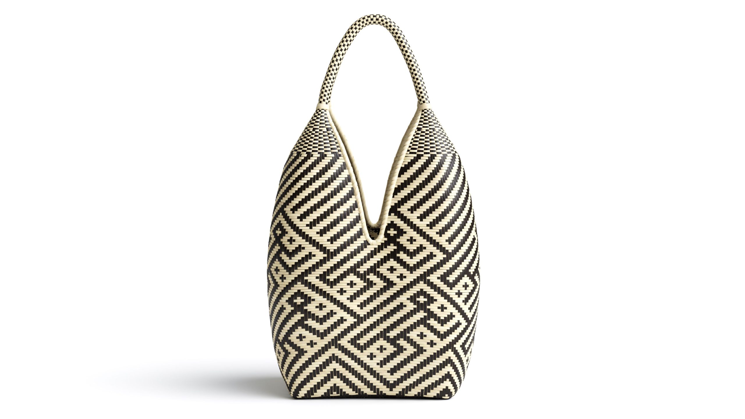 3D Rendering of a Black and Beige Woven Basket with Geometric Patterns