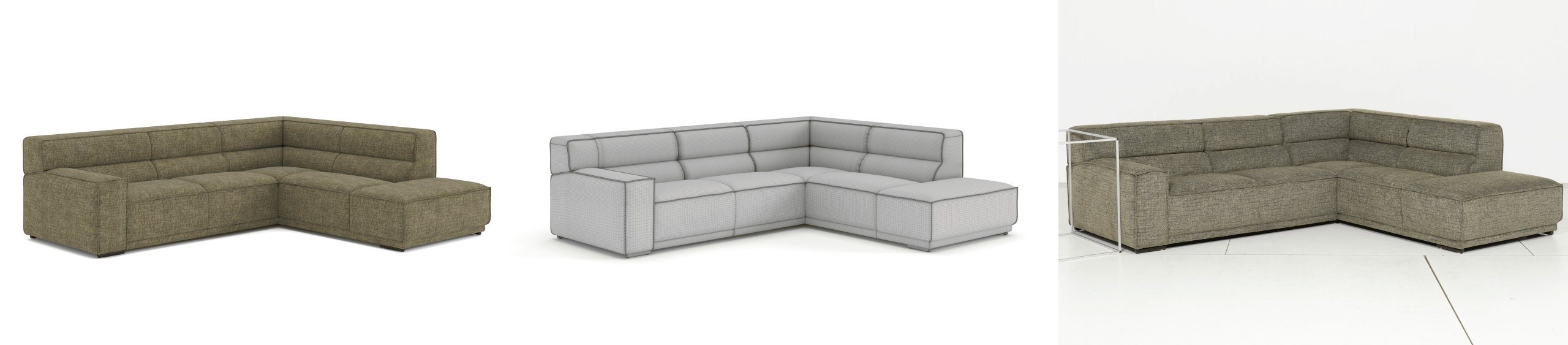 Photoreal and wireframe renderings of a contemporary sectional sofa with a lifestyle view in a minimalist interior