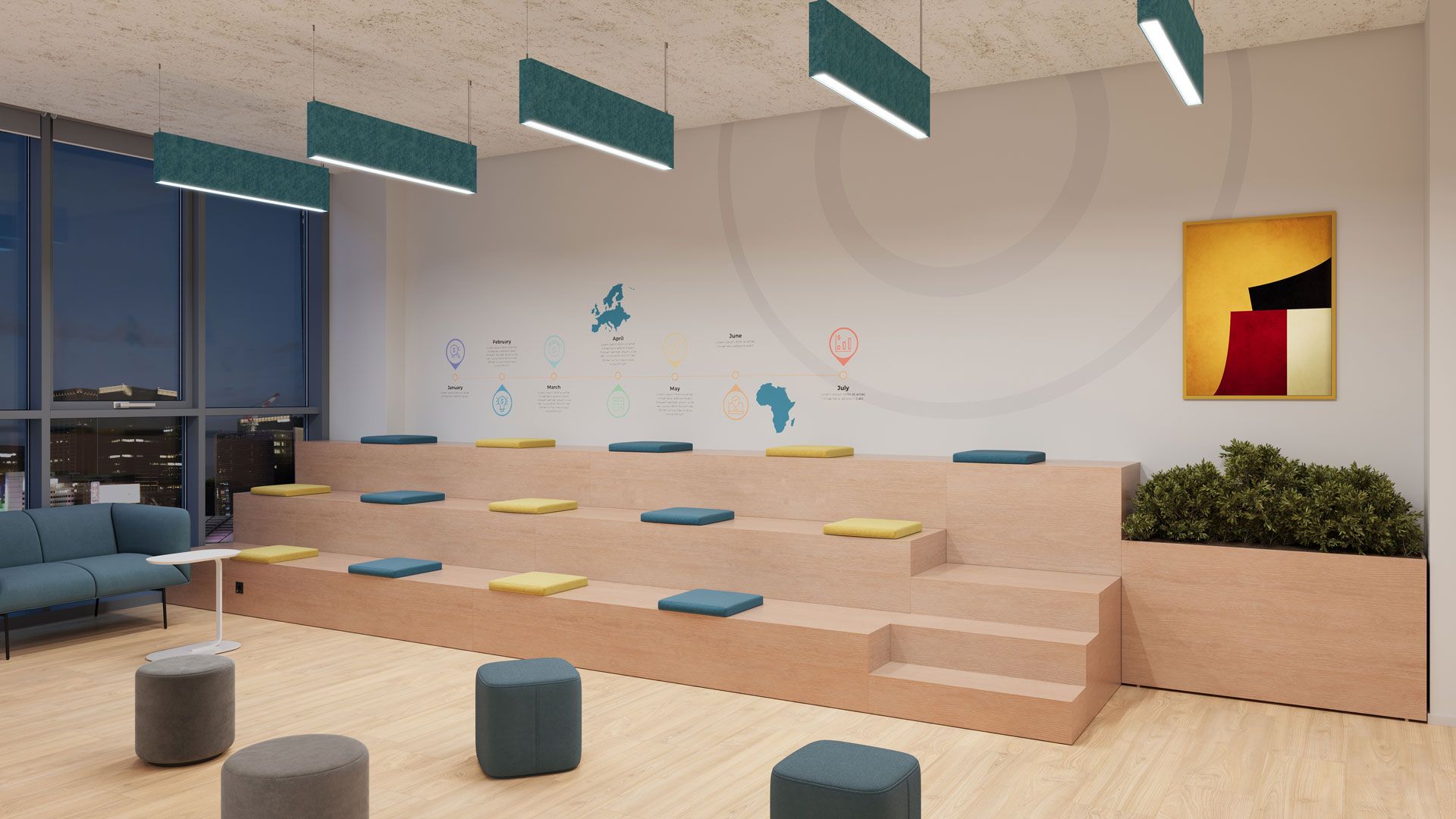 A presentation space with pendant lights shown in an architectural lighting render