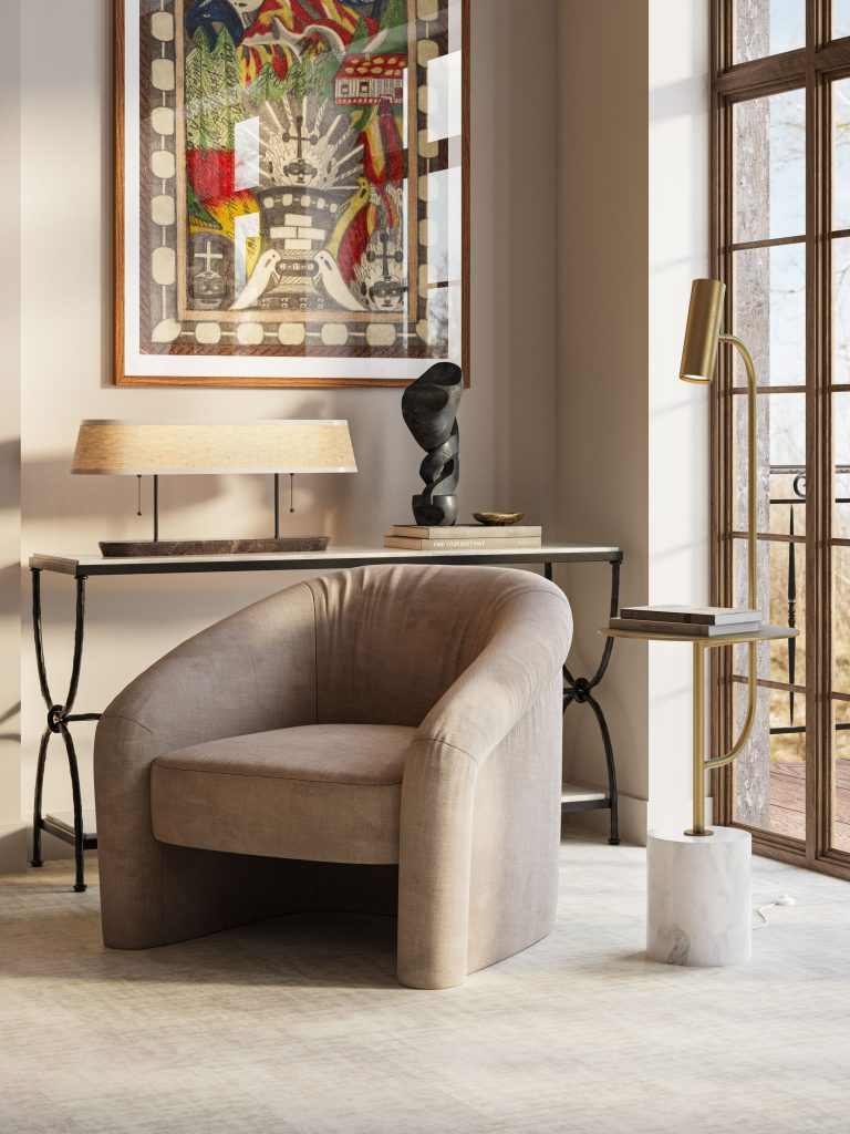 CGI of an Armchair, Console Table, Lighting, and Decor in a Living Room