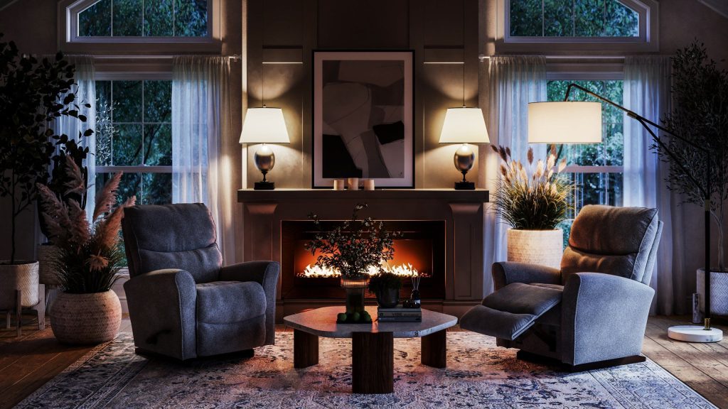 3D Interior Visualization of a Cozy Living Room with fittings Rendering
