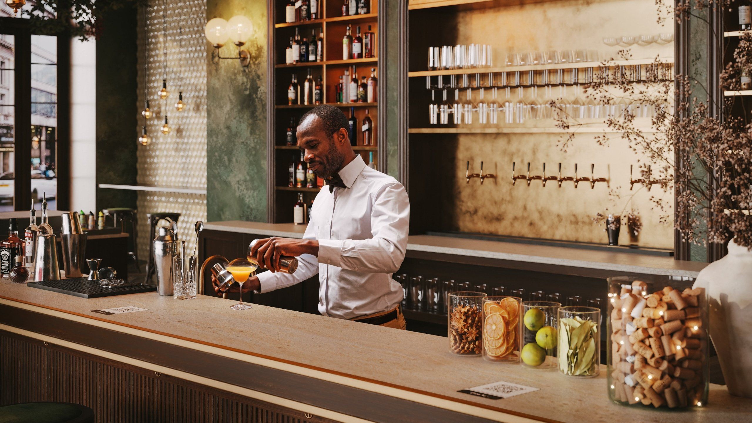 3D rendering of a bartender in a modern bar setting