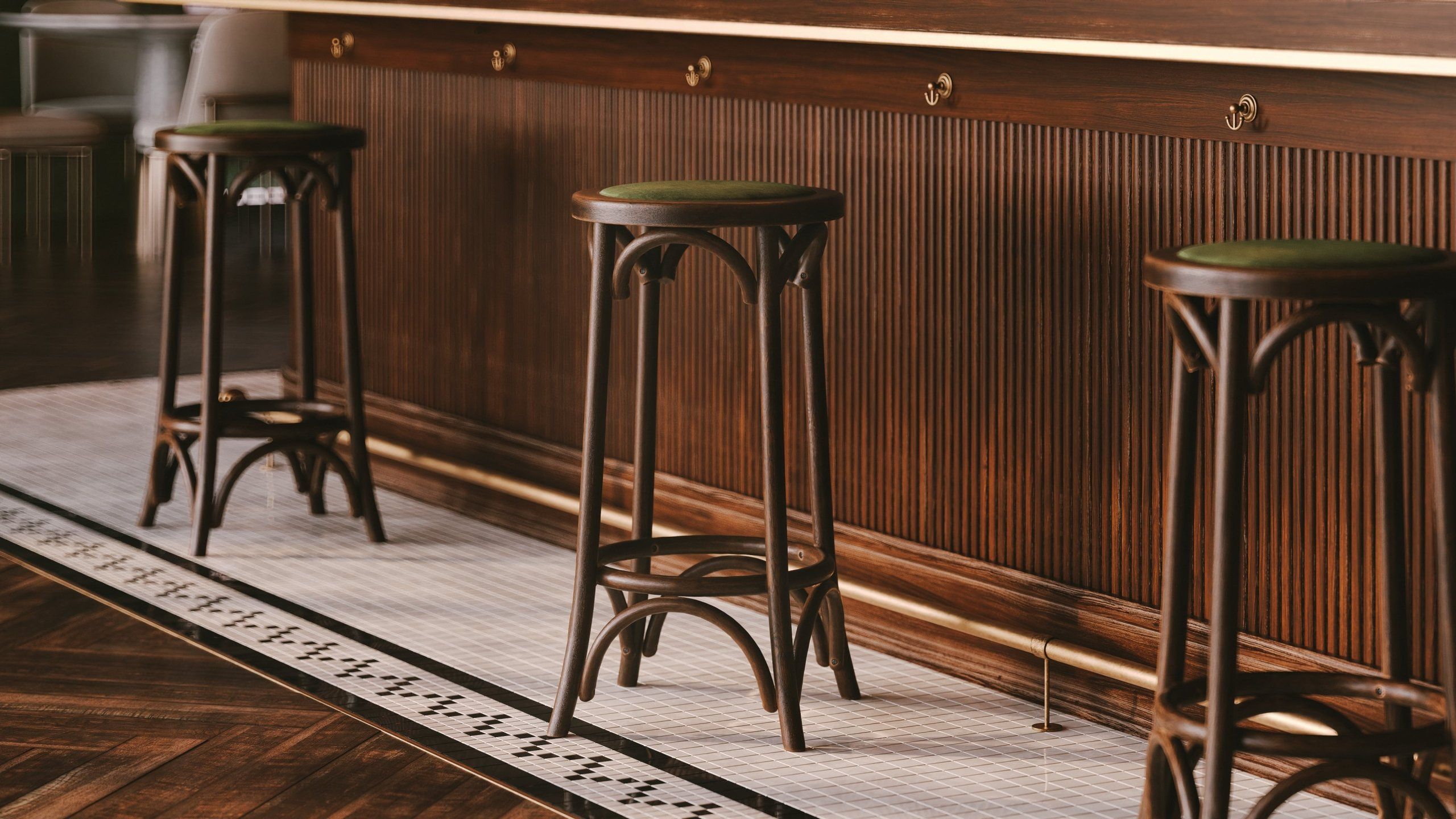 Product Rendering of Wooden Bar Stools with Mosaic Floor
