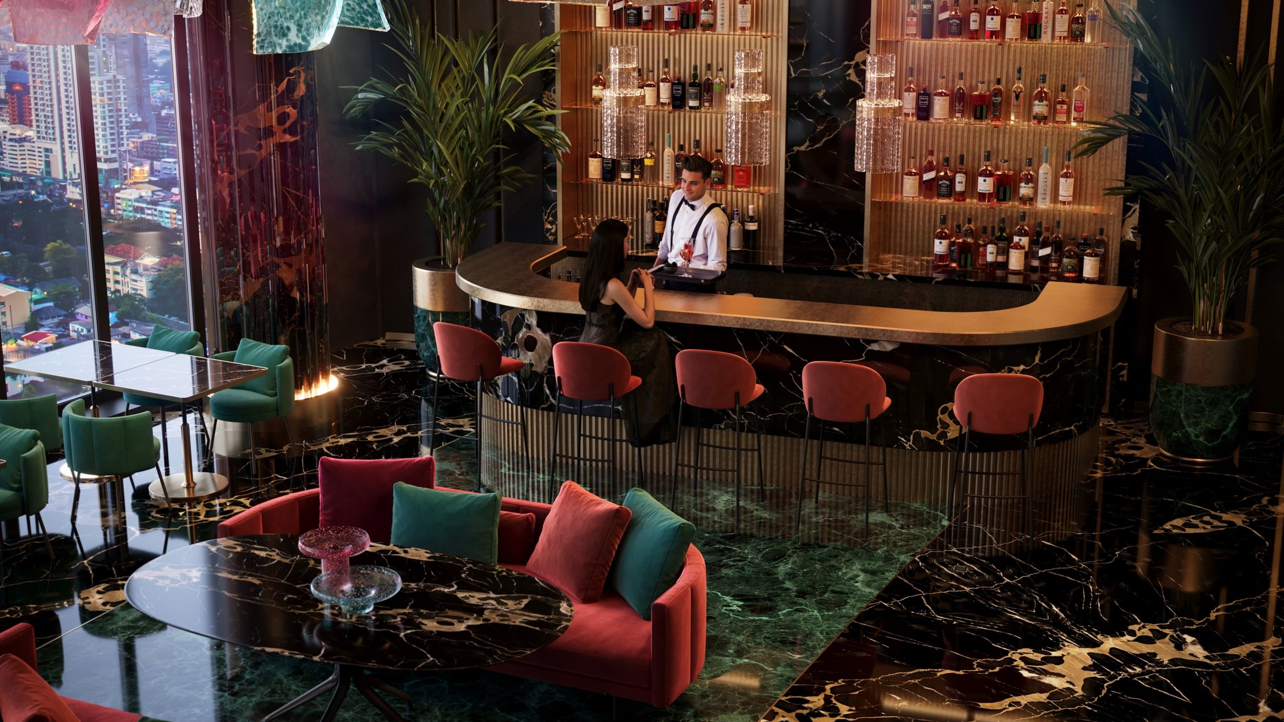 3D interior rendering of a luxury bar with bespoke furniture and photorealistic visualization