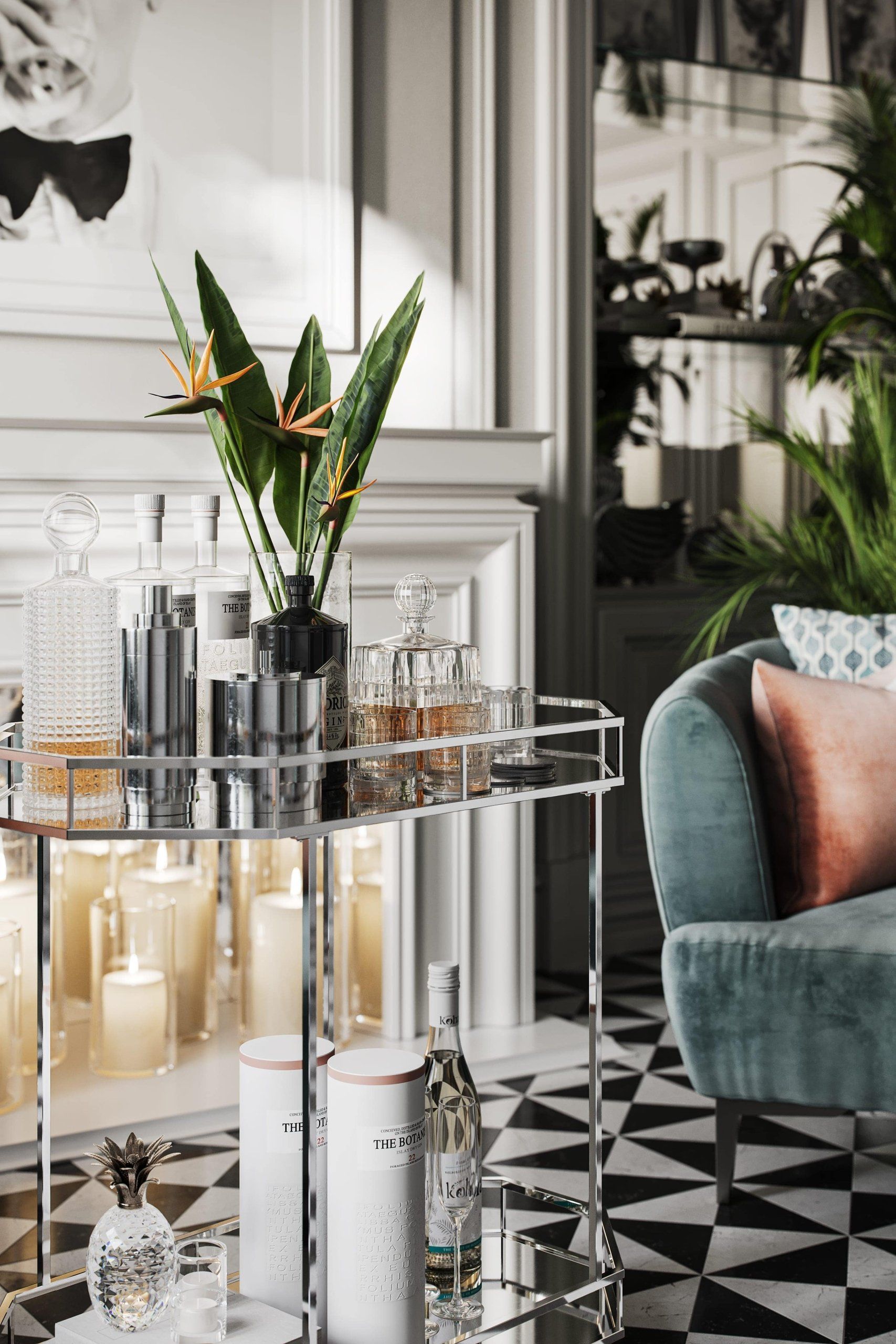 3D rendered image showcasing a modern living room with a stylish bar cart, highlighting 3D furniture modeling and realistic interior rendering.