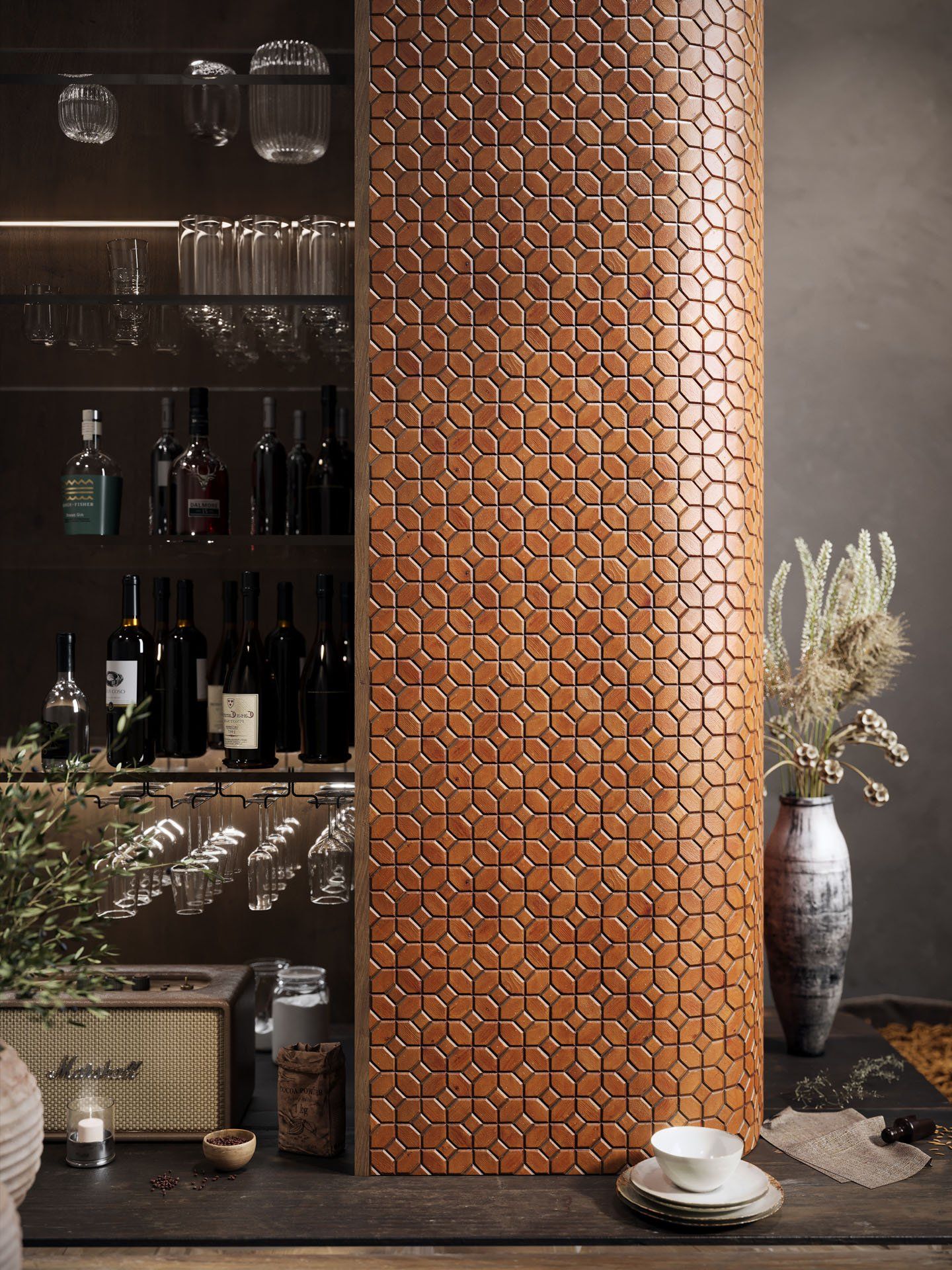 Curved Tiled Column 3D Visualization With Bar Backdrop