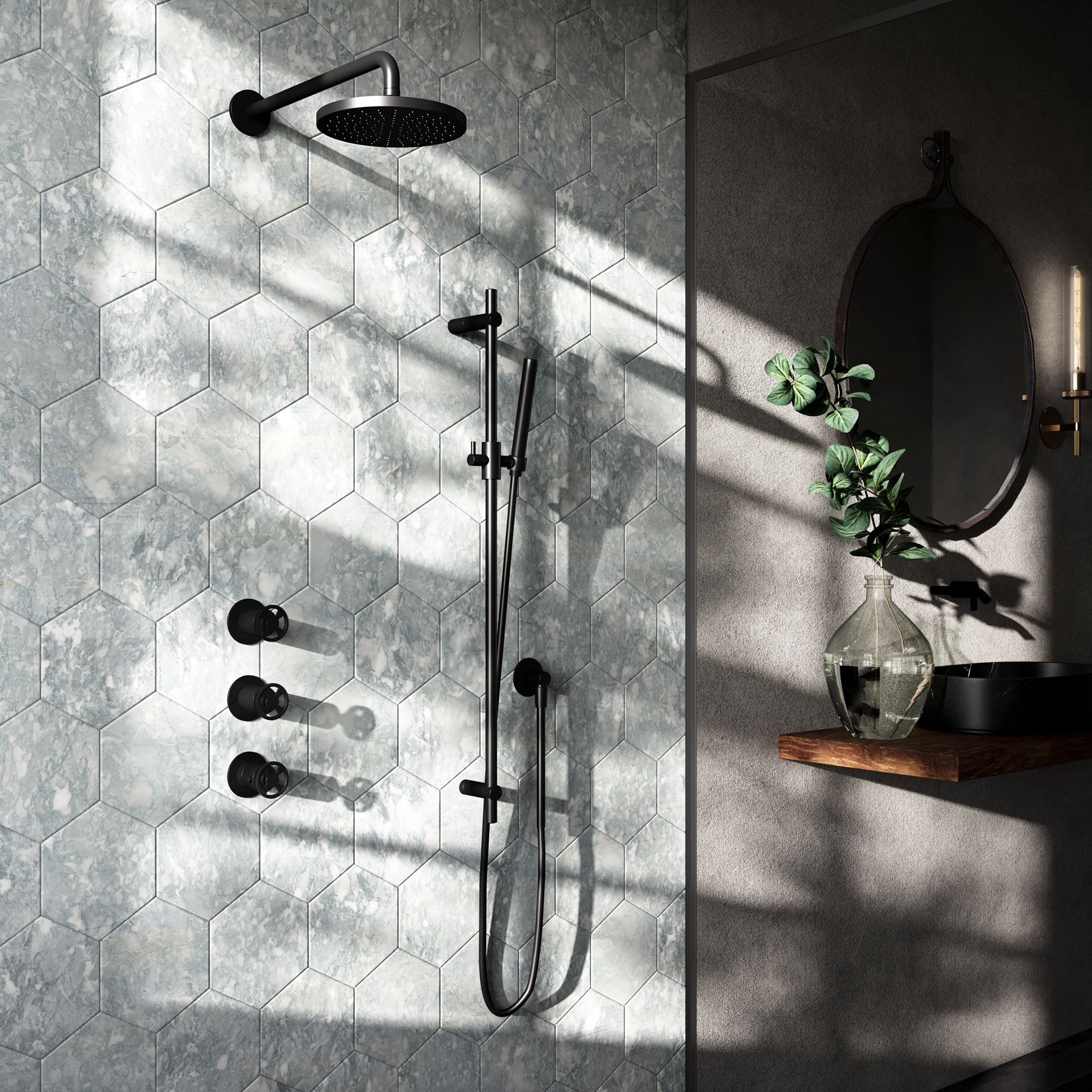 3D interior visualization of a trendy bathroom with hexagonal tiles, showcasing photorealistic rendering and 3D modeling techniques.